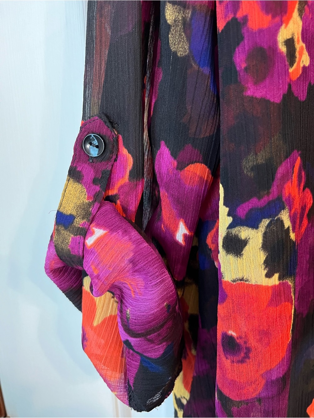 Black Floral Semi Sheer Tunic, Purple & Orange Accents, Adjustable Sleeves 3XL - Picture 4 of 4